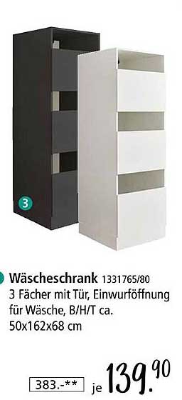 Wäscheschrank 1331765/80 - 3 Fächer mit Tür, Einwurföffnung für Wäsche