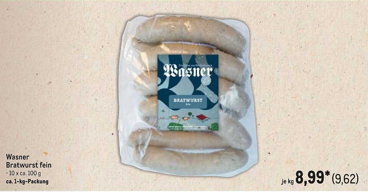 Wasner Bratwurst fein - 10 x ca. 100 g, ca. 1-kg-Packung