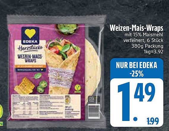 Weizen-Mais-Wraps mit 15% Maismehl verfeinert, 6 Stück 380g Packung