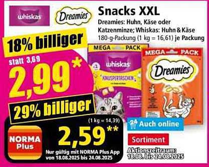 Whiskas Dreamies Snacks XXL – Huhn & Käse