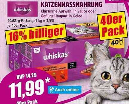 Whiskas Katzennahrung 40er Pack - Klassische Auswahl in Sauce oder Geflügel Ragout in Gelee