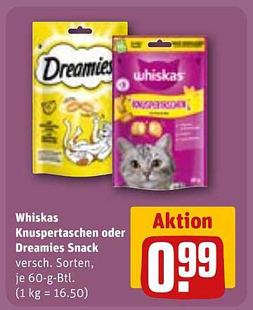 Whiskas Knuspertaschen oder Dreamies Snack 60-g-Btl.