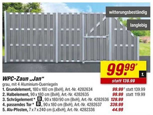 WPC-Zaun „Jan“, grau, mit 4 Aluminium-Querriegeln