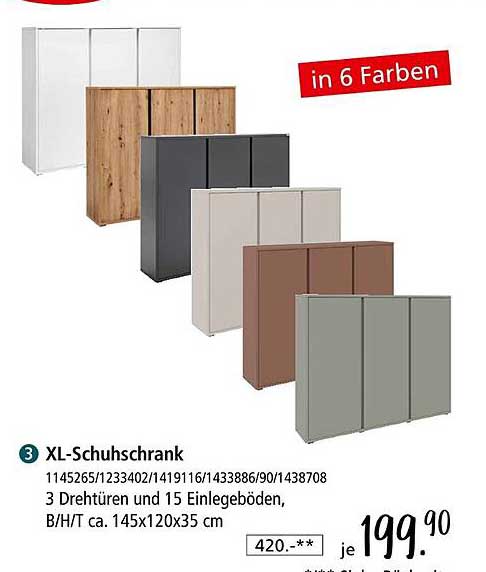 XL-Schuhschrank in 6 Farben mit 3 Drehtüren und 15 Einlegeböden