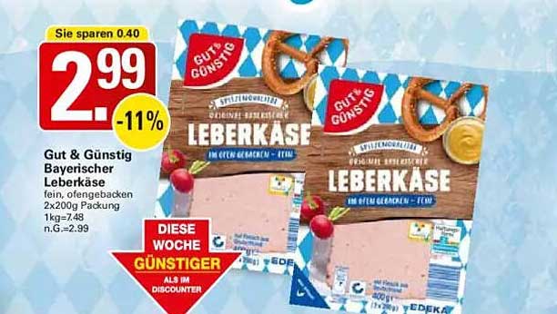 Gut & Günstig Bayerischer Leberkäse, 2x200g Packung