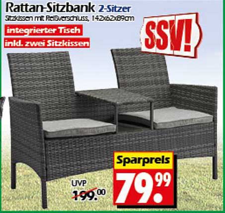 Rattan-Sitzbank 2-Sitzer mit integriertem Tisch und zwei Sitzkissen