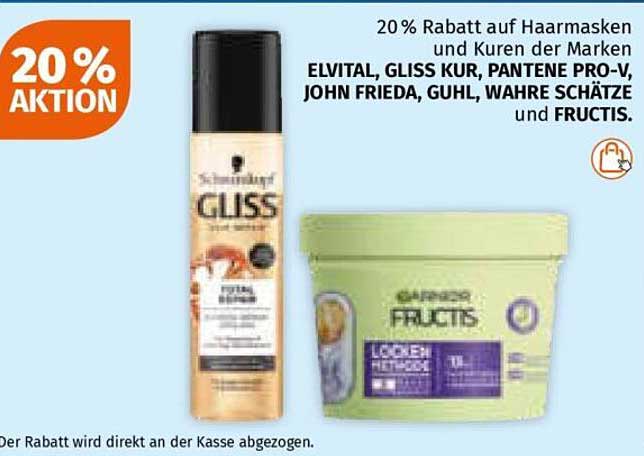 20 % Rabatt auf Haarmasken und Kuren von Elvital, Gliss Kur, Pantene Pro-V, John Frieda, Guhl, Wahre Schätze und Fructis