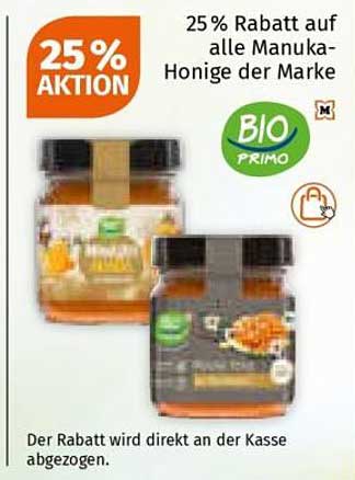 25 % Rabatt auf alle Manuka-Honige der Marke BIO PRIMO
