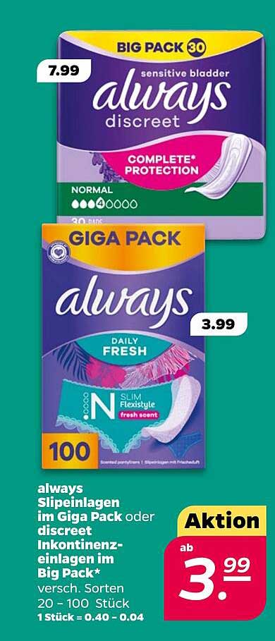 always Slipeinlagen im Giga Pack oder discreet Inkontinenzeinlagen im Big Pack