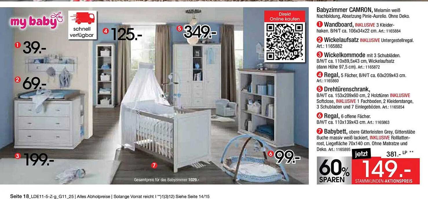 Babyzimmer CAMRON, Melamin weiß, Nachbildung Pinie-Aurelio