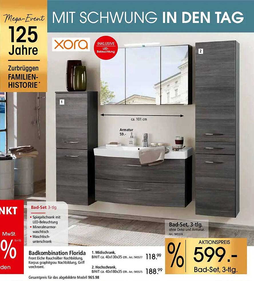 Badkombination Florida - 3-teiliges Set mit Spiegel und LED-Beleuchtung