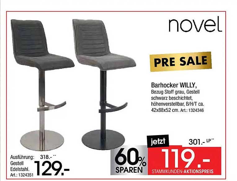 Barhocker WILLY, Bezug Stoff grau, Gestell schwarz beschichtet, höhenverstellbar, B/H/T ca. 42x88x52 cm