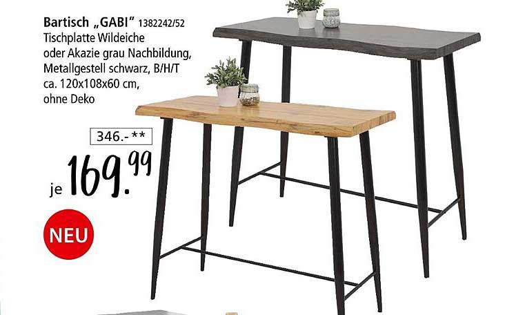 Bartisch „GABI“ – Tischplatte Wildeiche oder Akazie grau Nachbildung