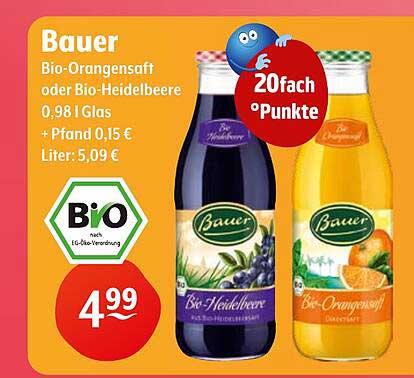 Bauer Bio-Orangensaft oder Bio-Heidelbeere 0,98 l Glas