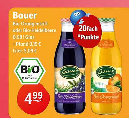 Bauer Bio-Orangensaft oder Bio-Heidelbeere 0,98 l Glas