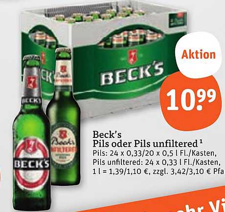 Beck's Pils oder Pils unfiltriert 24 x 0,33 L
