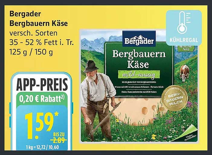 Bergader Bergbauern Käse, mild-nussig, 125 g