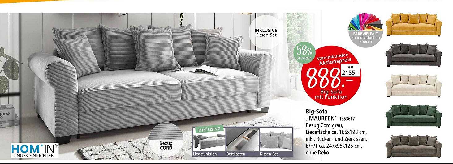 Big-Sofa „MAUREEN“ mit Liegefunktion und Kissen-Set