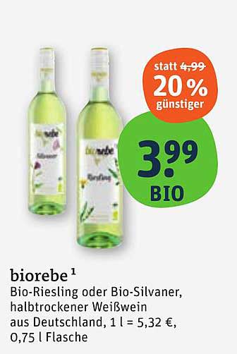 biorebe Bio-Riesling oder Bio-Silvaner, halbtrockener Weißwein