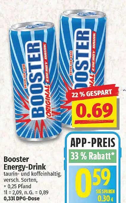 Booster Energy-Drink - 33% Rabatt auf die App-Preise!