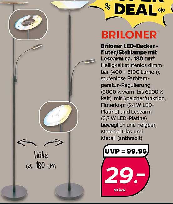 Briloner LED-Deckenfluter/Stehlampe mit Lesearm ca. 180 cm