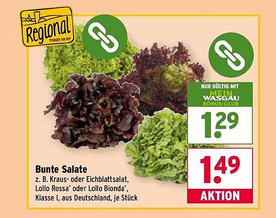 Bunte Salate z.B. Kraus- oder Eichblattsalat, Lollo Rossa oder Lollo Bionda; Klasse I, aus Deutschland, je Stück