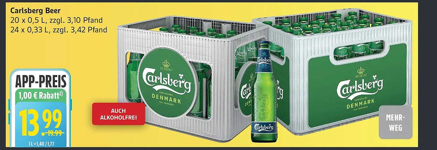 Carlsberg Bier (20 x 0,5 L oder 24 x 0,33 L)