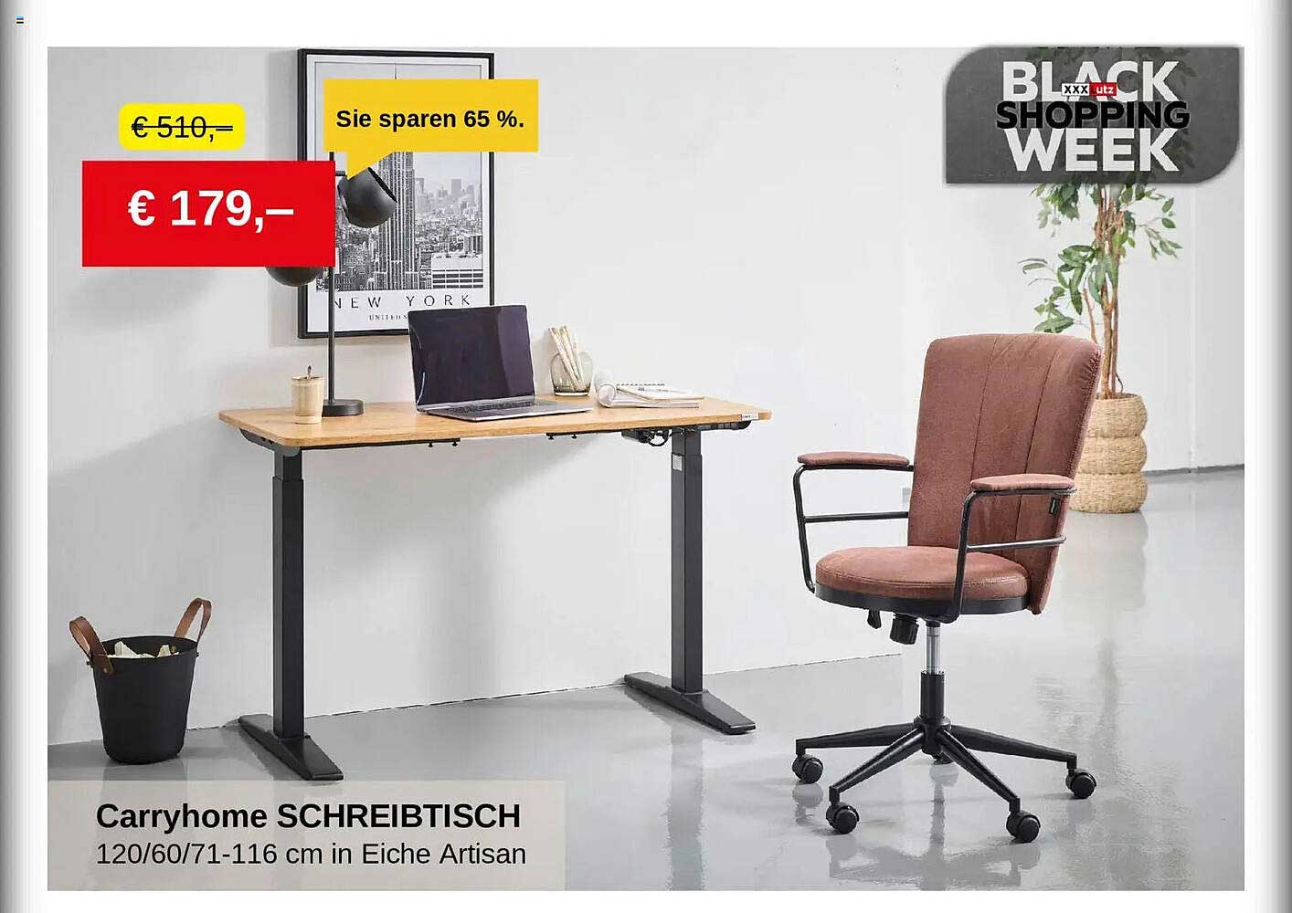 Carryhome SCHREIBTISCH 120/60/71-116 cm in Eiche Artisan