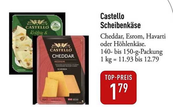 Castello Scheibenkäse Cheddar, Esrom, Havarti oder Höhlenkäse 150-g-Packung