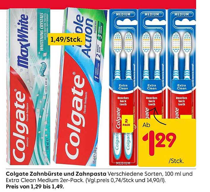 Colgate Zahnbürste und Zahnpasta verschiedene Sorten, 100 ml und Extra Clean Medium 2er-Pack
