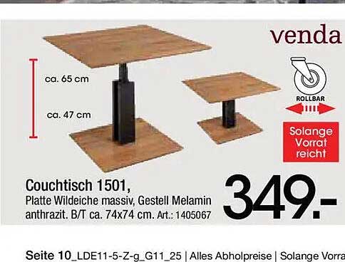 Couchtisch 1501, Platte Wildeiche massiv, Gestell Melamin anthrazit