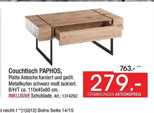 Couchtisch PAPHO, Platte Astdeiche furniert und geölt, Metallkufen schwarz matt lackiert