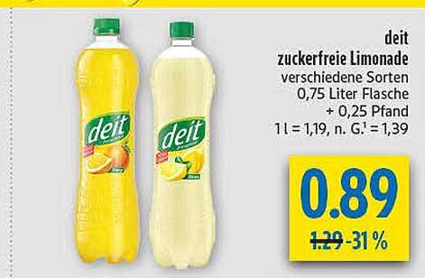 deit zuckerfreie Limonade verschiedene Sorten 0,75 Liter Flasche + 0,25 Pfand