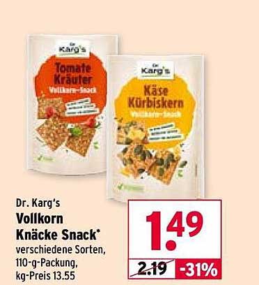 Dr. Karg's Vollkorn Knäcke Snack - verschiedene Sorten, 110-g-Packung