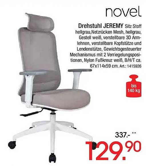 Drehstuhl JEREMY Sitz Stoff hellgrau, Netzrücken Mesh, hellgrau, Gestell weiß