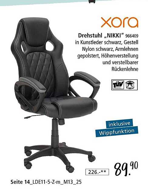 Drehstuhl "NIKKI" in Kunstleder schwarz, Gestell Nylon schwarz, Armlehnen gepolstert