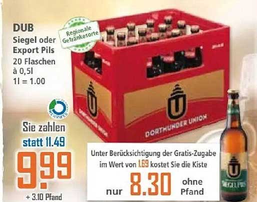 DUB Siegel oder Export Pils 20 Flaschen à 0,5l