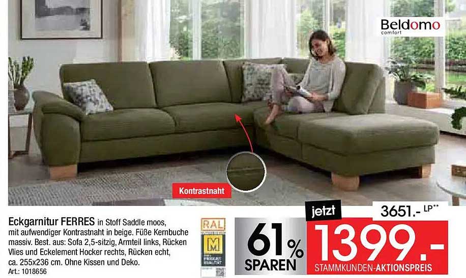 Eckgarnitur FERRES in Stoff Saddle moos mit Kontrastnaht