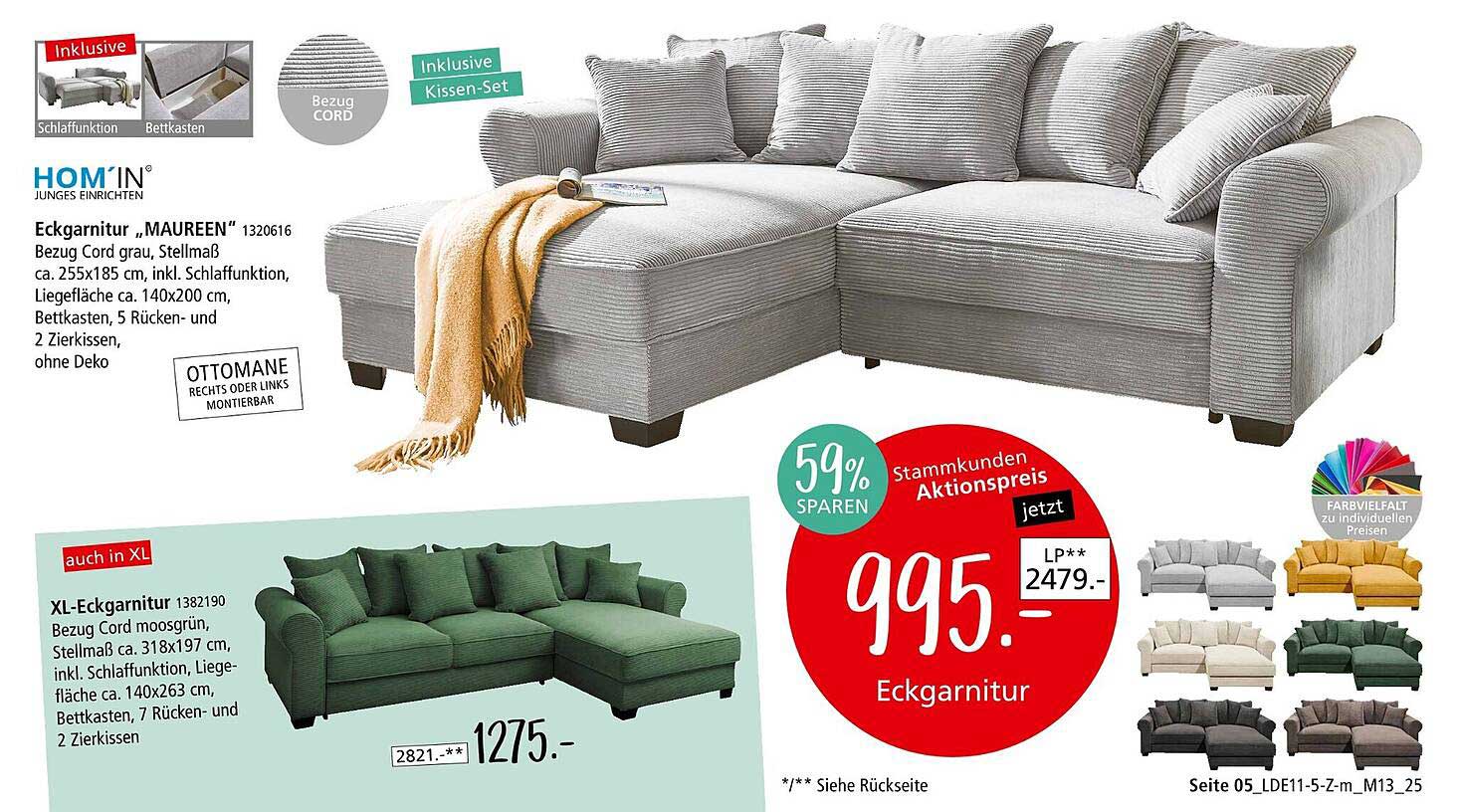 Eckgarnitur "MAUREEN" inkl. Kissen-Set und Schlaffunktion