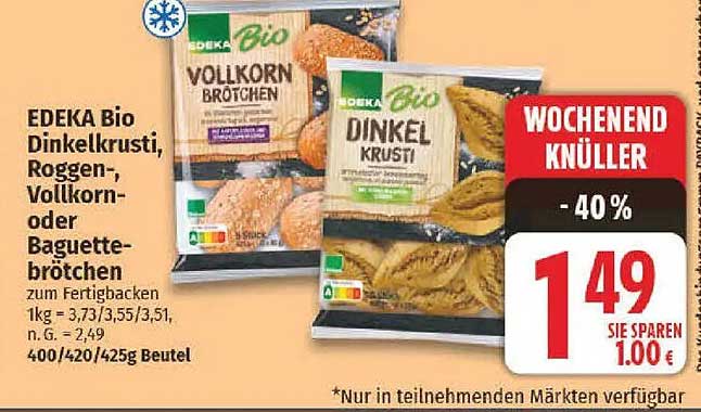 EDEKA Bio Dinkelkrusti, Roggen-, Vollkorn- oder Baguettebrötchen zum Fertigbacken