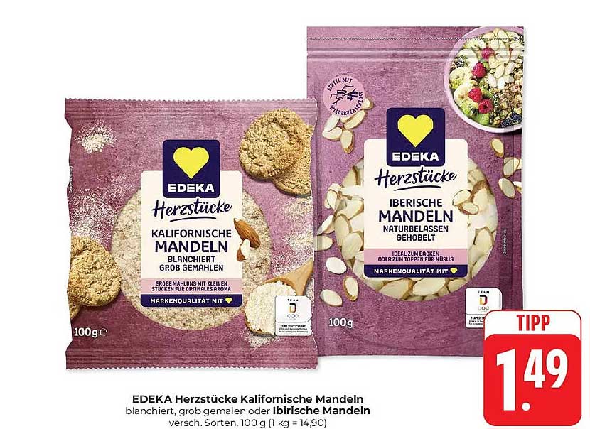 EDEKA Herzstücke Kalifornische Mandeln oder Iberische Mandeln 100 g für nur 1,49 €