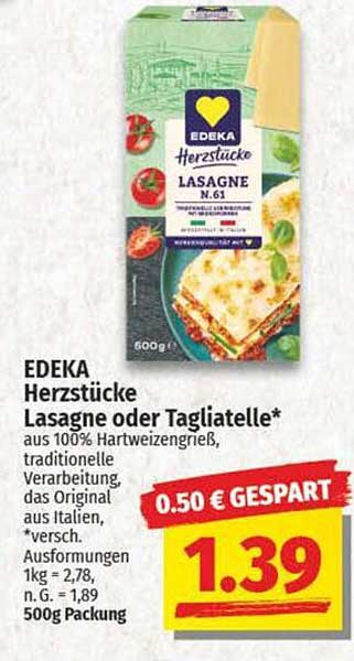 EDEKA Herzstücke Lasagne oder Tagliatelle 500g