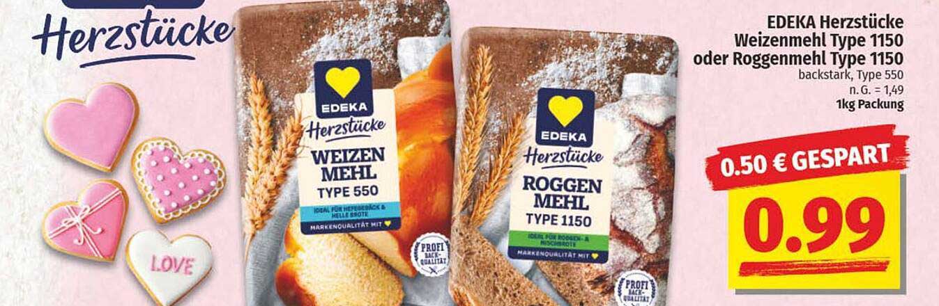 EDEKA Herzstücke Weizenmehl Type 1150 oder Roggenmehl Type 1150, 1kg Packung