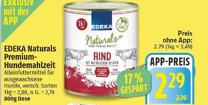 EDEKA Naturals Premium-Hundemaahlzeit Rind 800g Dose