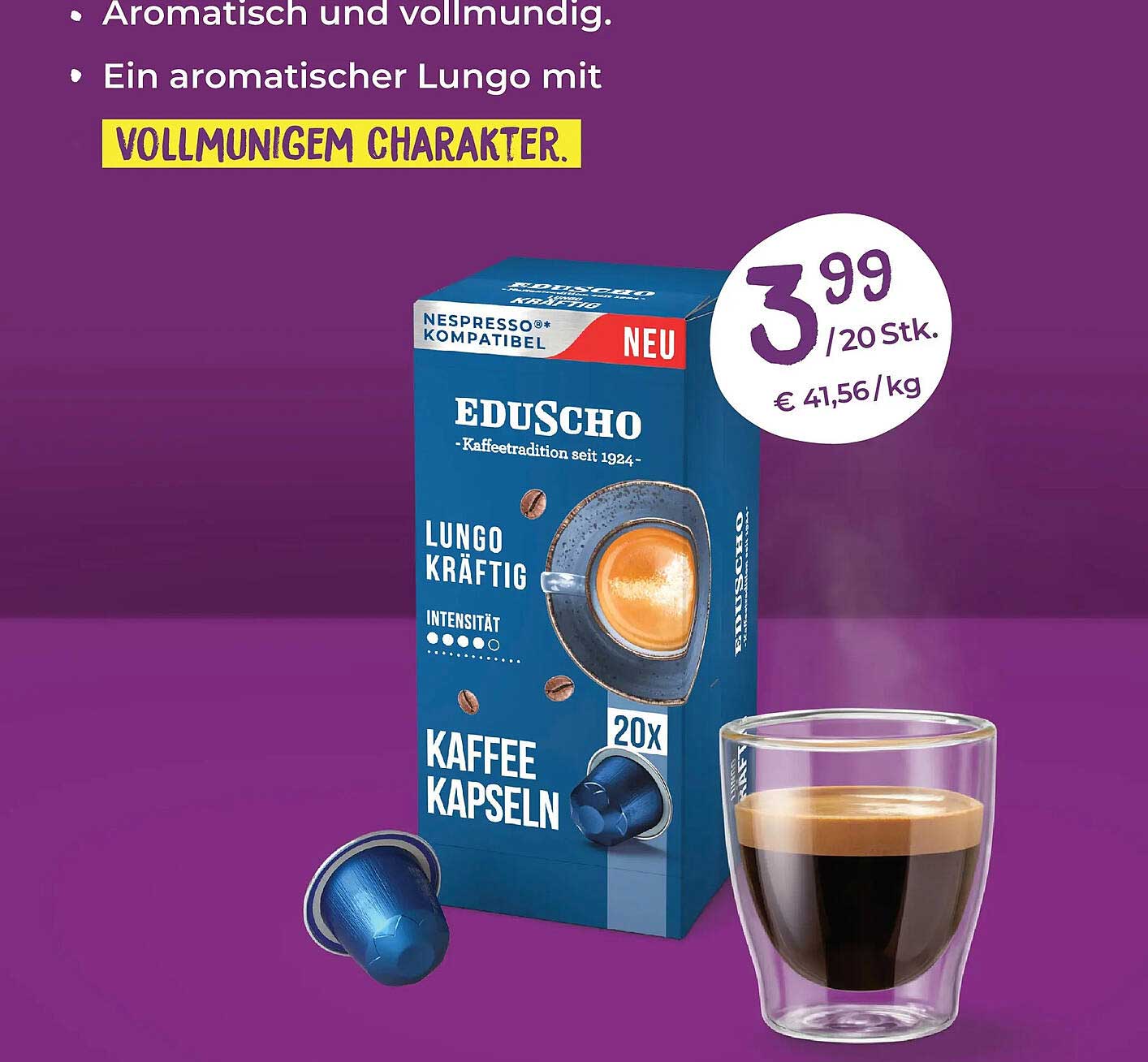 EDUSCHO Lungo Kaffee Kapseln – 20 Stück für nur 3,99 €