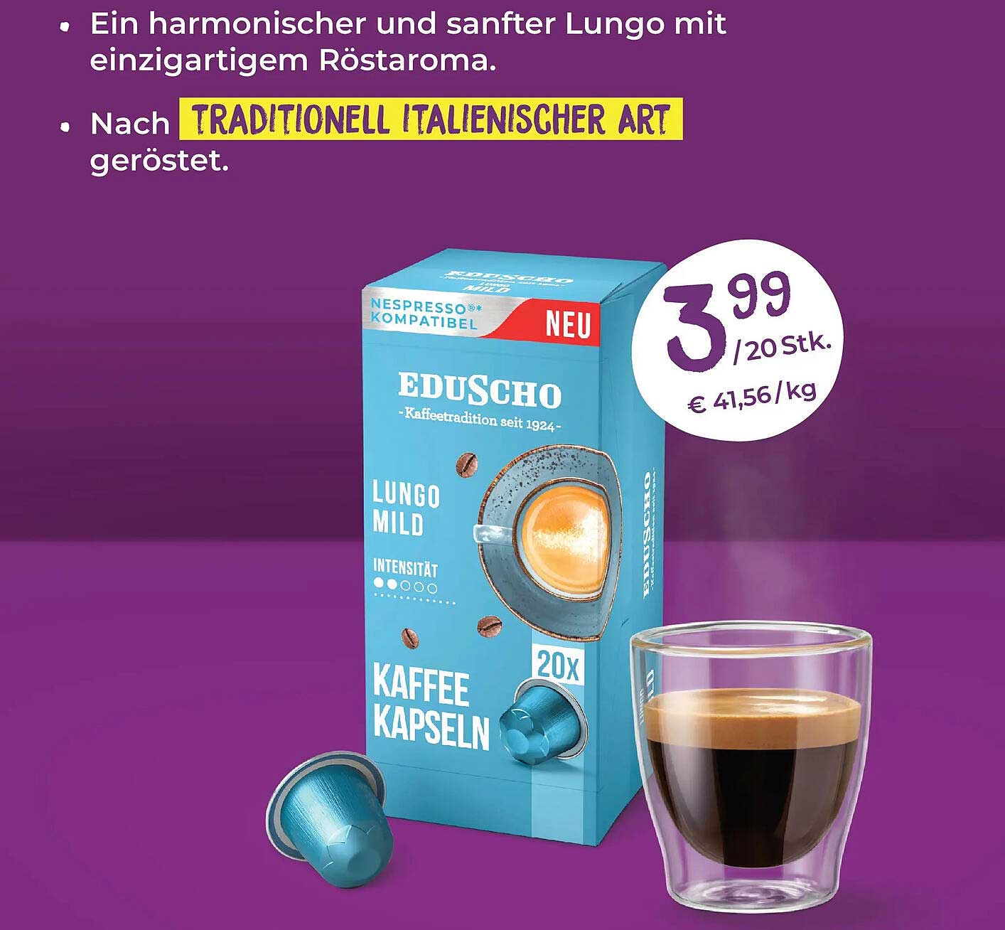 EDUSCHO Lungo Mild Kaffeekapseln - 20 Stück für nur 3,99 €
