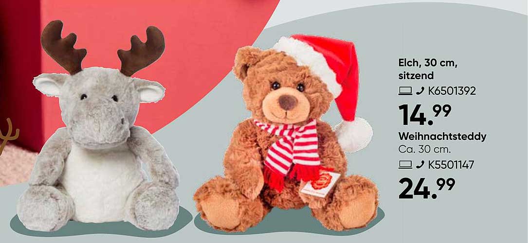 Elch, 30 cm, sitzend und Weihnachtsteddy, ca. 30 cm
