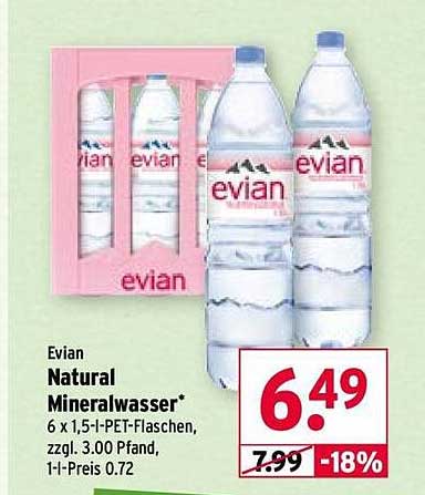 Evian Natural Mineralwasser 6 x 1,5-l-PET-Flaschen