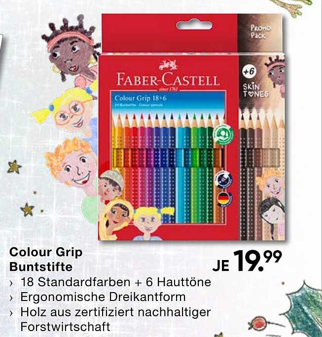 Faber-Castell Colour Grip Buntstifte - 18 Standardfarben + 6 Hauttöne