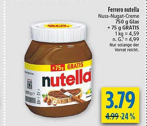 Ferrero nutella Nuss-Nugat-Creme 750 g Glas + 75 g GRATIS